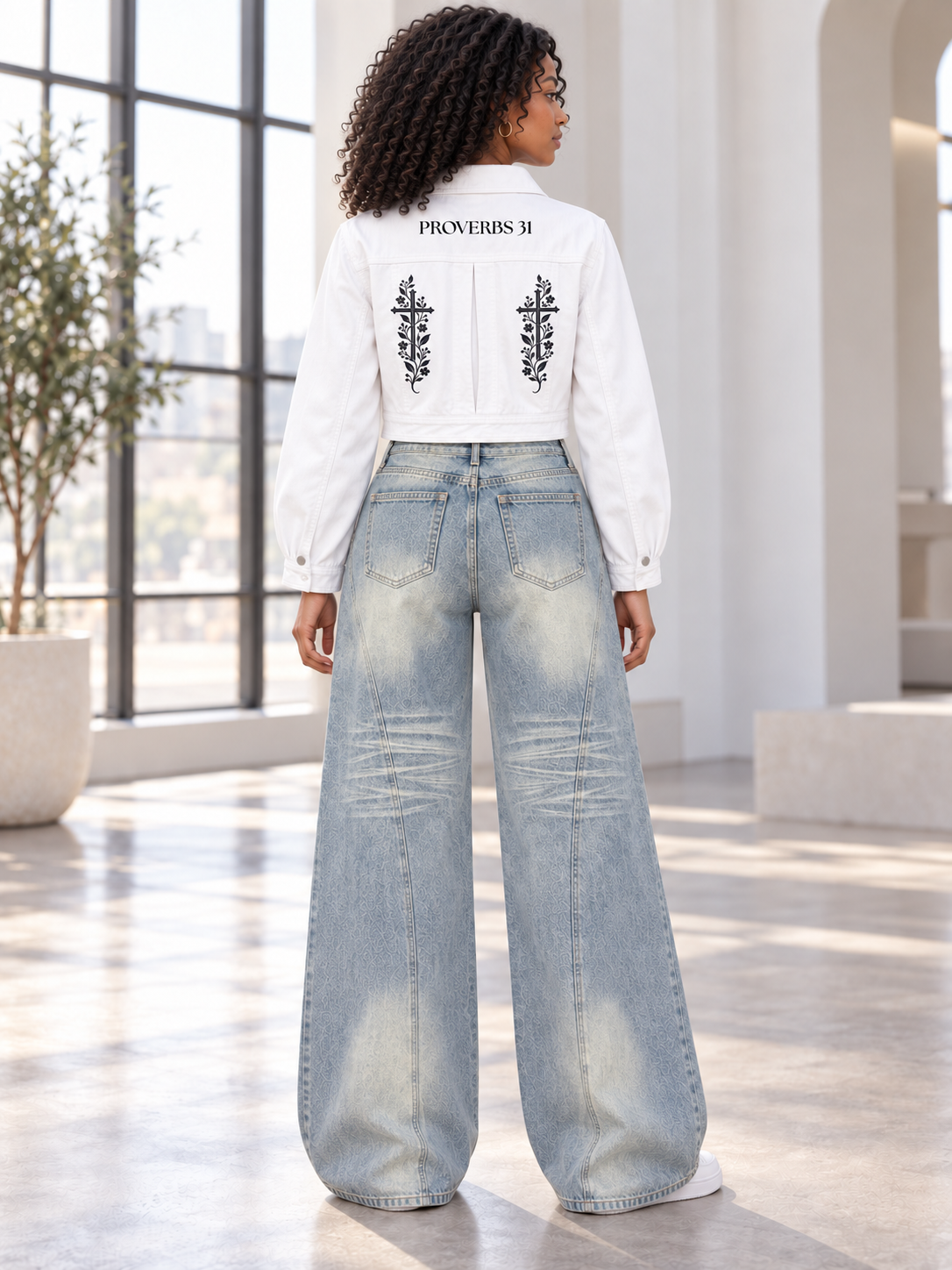 Proverbs 31 Floral Cross Women’s Cropped Denim Jacket