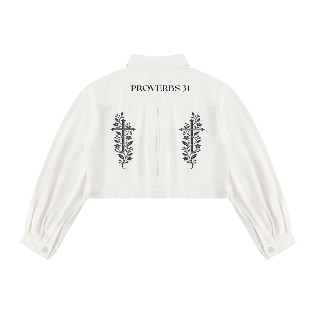 Proverbs 31 Floral Cross Women’s Cropped Denim Jacket