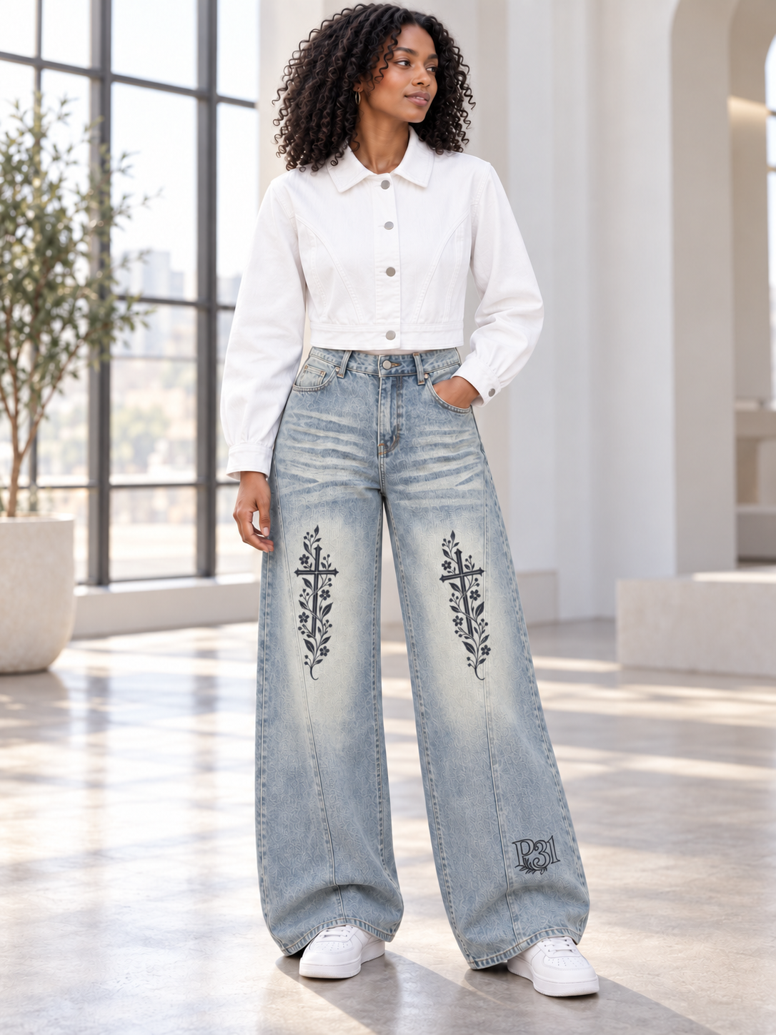 Proverbs 31 Floral Cross Women’s Cropped Denim Jacket