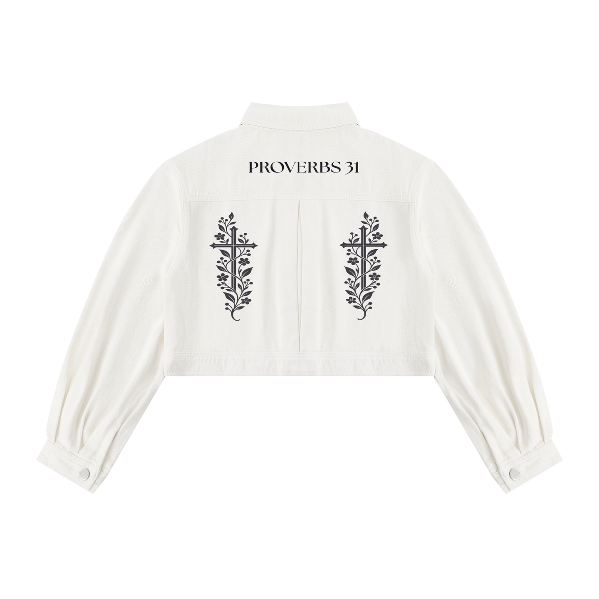Proverbs 31 Floral Cross Women’s Cropped Denim Jacket